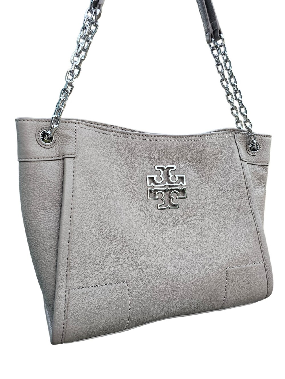 Tory Burch French Grey Britten Small Slouchy Tote Pebble Leather Silver Hardware